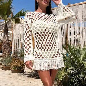 White Women's Sexy Elegant Beach Style Knitted Hollow Fringe Dress